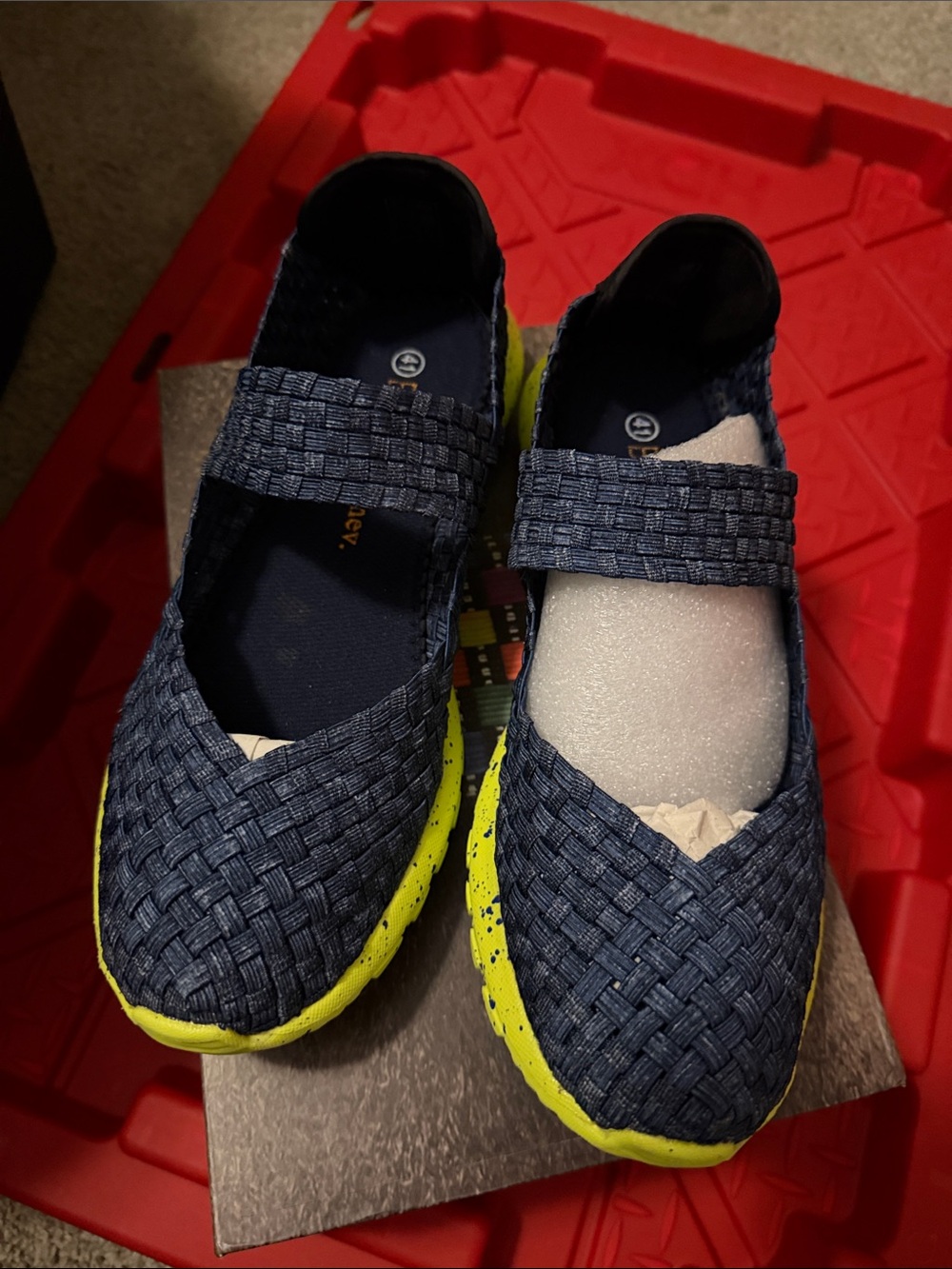 bernie mev. Navy Woven Mary Jane Sandals with Neon Yellow Sole